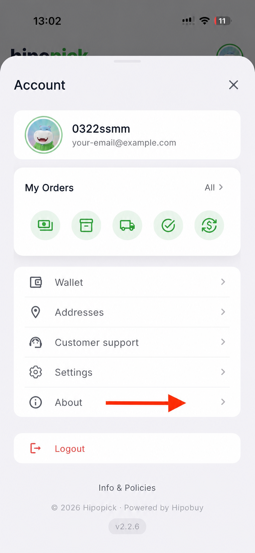 Choose About in the Hipopick app