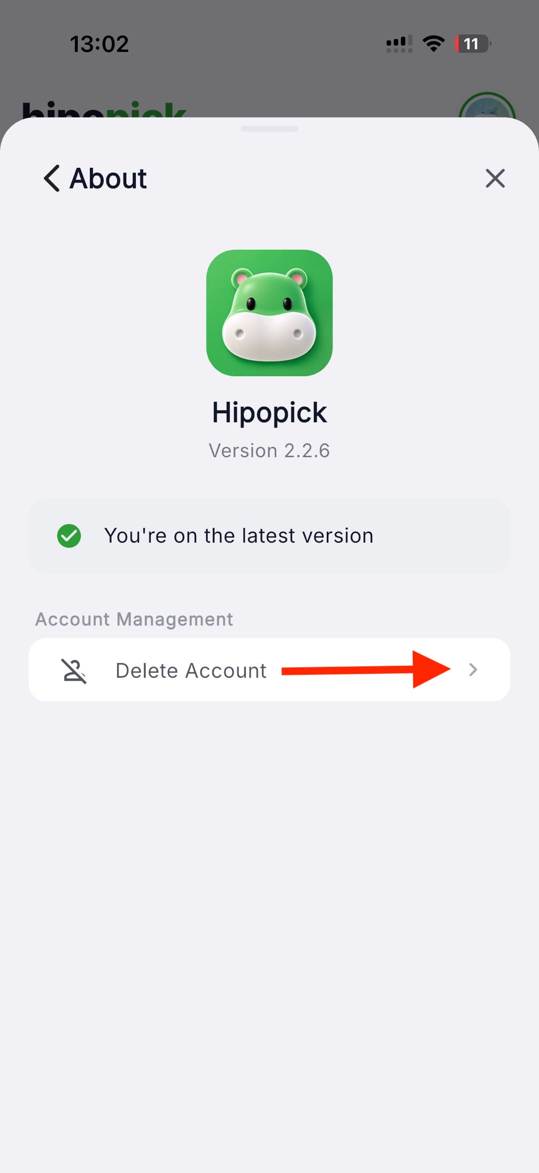Choose Delete Account in the Hipopick app